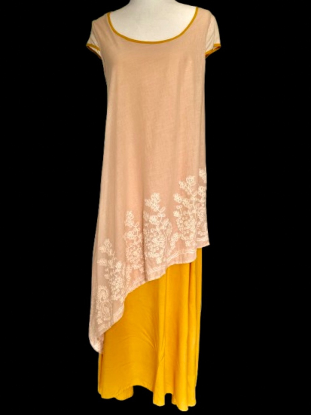 Pretty cap-sleeved gold & Ivory maxi dress with asymmetrical embroidered overlay
